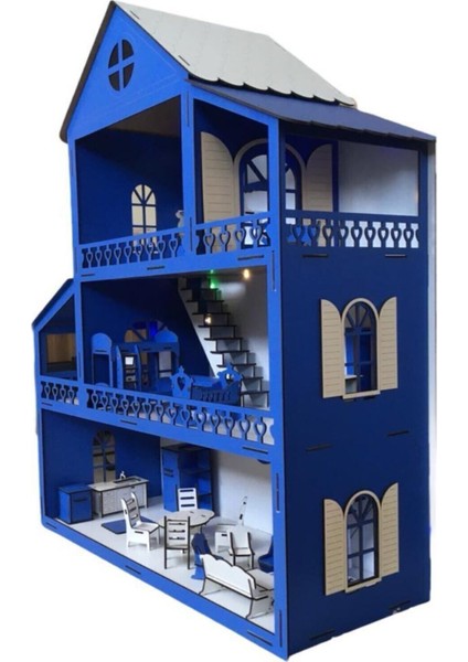 Ahşap Oyun Evi 80CM 36 Eşya Mavi LED Işıklı Isim Yazılır fiyatları