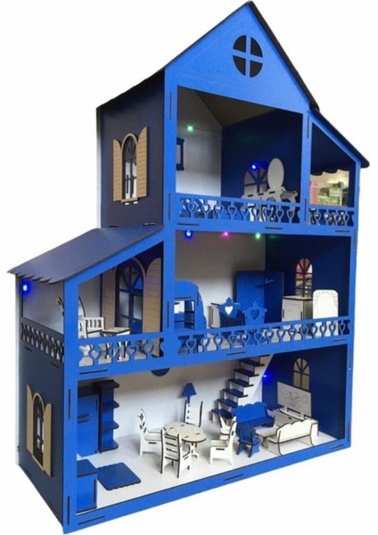 Ahşap Oyun Evi 80CM 36 Eşya Mavi LED Işıklı Isim Yazılır modelleri