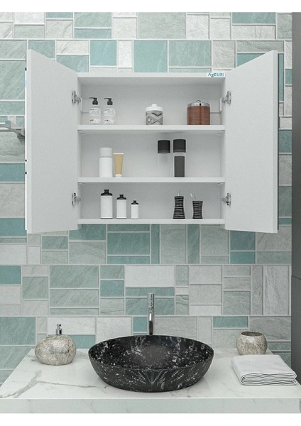 Beyaz 2 Kapaklı Aynalı Banyo Dolabı Çok Amaçlı Banyo Dolabı Üst Modül Aynalı 60 x 65 X15 60 x 60 2