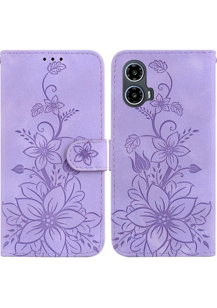 Motorola Moto G24 Kickstand Cüzdan Kabartmalı Zambak Manyetik Için Flip Case (Yurt Dışından)