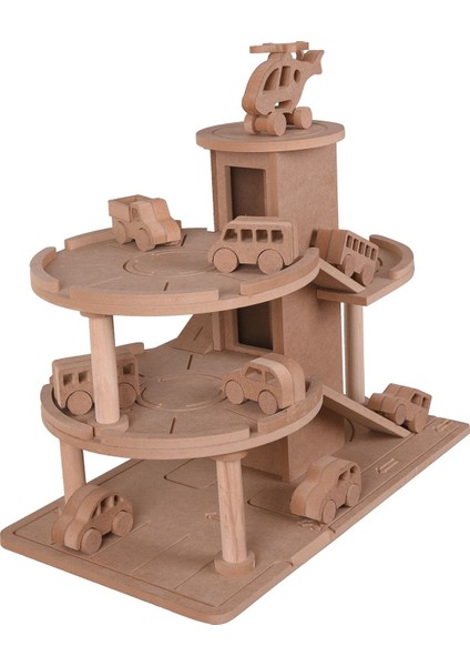 Ahşap Katlı Otopark Garaj Oyuncak - 1 Adet 110 cc Boya + 1 Adet Ahşap Oyuncak Araba