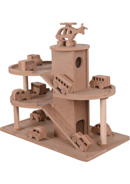 Ahşap Katlı Otopark Garaj Oyuncak - 1 Adet 110 cc Boya + 1 Adet Ahşap Oyuncak Araba modelleri