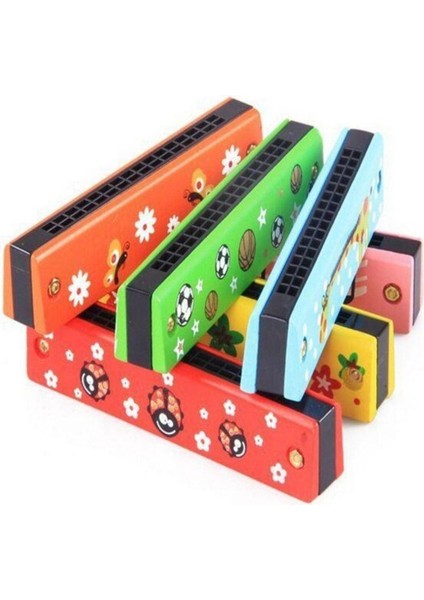 Ahşap Oyuncak Çocuk ve Bebekler Için 1 Adet Ahşap 16 Delikli Çift Sıralı Renkli Desenli Mızıka
