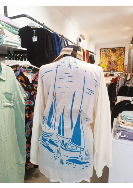 Keten Kimono Yelkenli & Deniz Baskılı Kuşaklı fırsatları