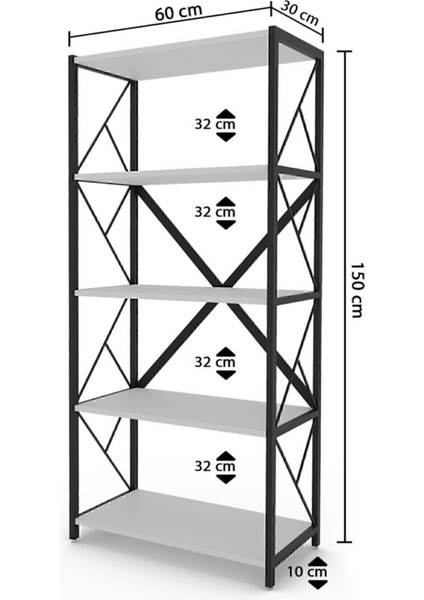 Ahşap Netplus Metal Kitaplık 5 Raflı Çok Amaçlı Dosya Kitap Rafı Ofis Salon Raf 150 cm Beyaz Beyaz