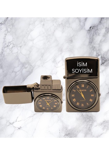 Kişiye Özel Siyah Özel Tasarım Kapaklı Saatli Çakmak