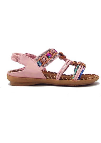 BLG22Y154-3 Pembe Kız Çocuk Arkadan Lastikli Taşlı Sandalet