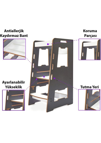 Ahşap Montessori Öğrenme Kulesi / 2-6 Yaş / Antrasit fırsatları