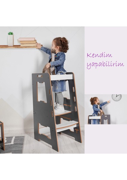 Ahşap Montessori Öğrenme Kulesi / 2-6 Yaş / Antrasit indirimleri