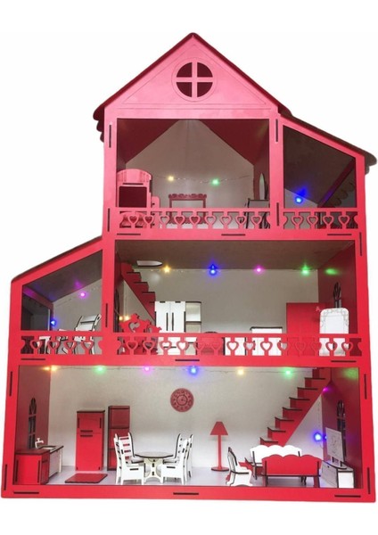 Ahşap Çocuk Oyun Evi LED Işıklı 80CM 36 Eşya Kırmızı