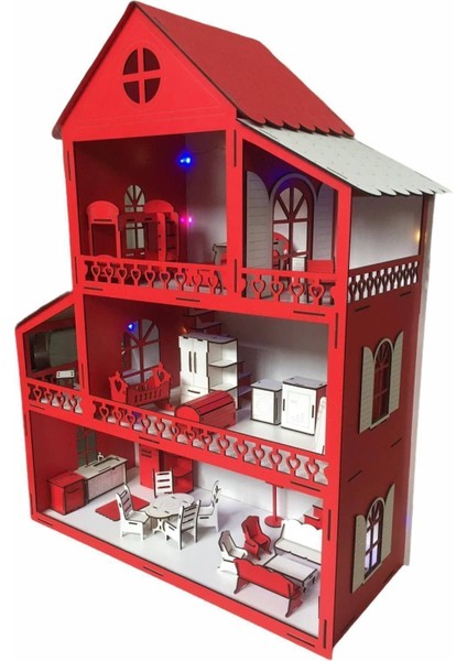 Ahşap Çocuk Oyun Evi LED Işıklı 80CM 36 Eşya Kırmızı fiyatları