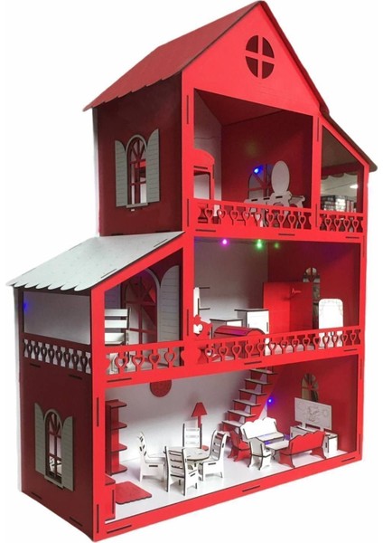 Ahşap Çocuk Oyun Evi LED Işıklı 80CM 36 Eşya Kırmızı modelleri