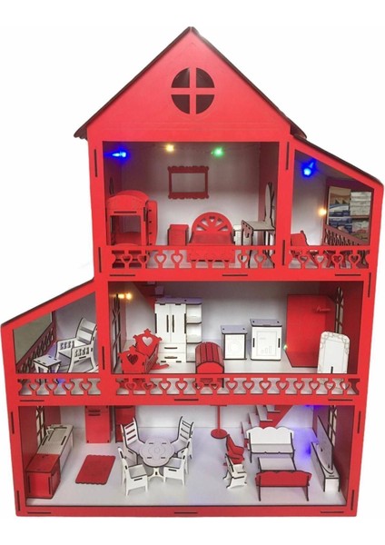 Ahşap Çocuk Oyun Evi LED Işıklı 80CM 36 Eşya Kırmızı fırsatları