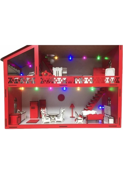 Ahşap Çocuk Oyun Evi LED Işıklı 80CM 36 Eşya Kırmızı indirimleri