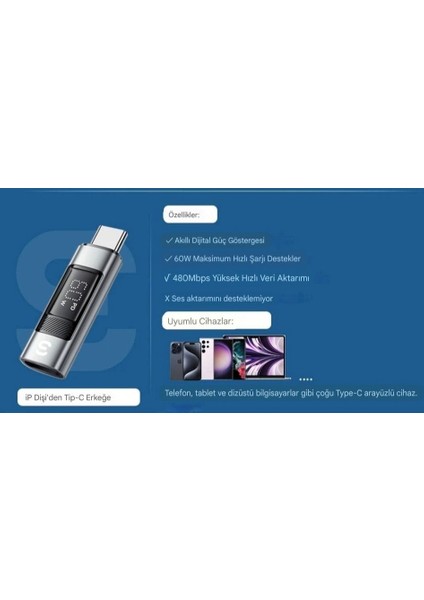 Type-C To İphone Lightning 60W Hızlı Adaptör Çevirici CE/FC/ROHS Lisanslı Dijital Göstergeli Son Nesil Teknoloji