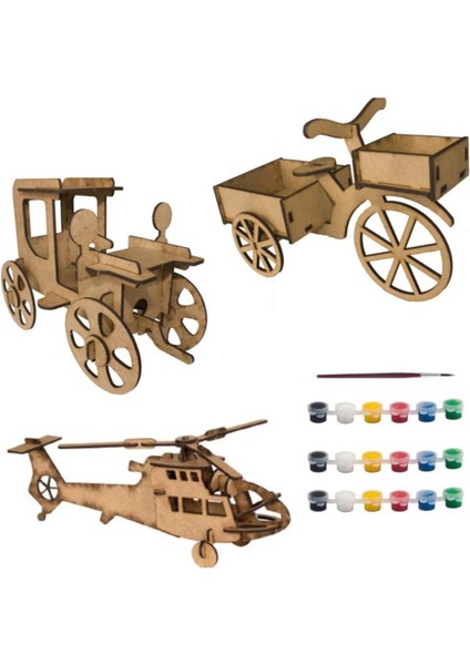 Jk3 Ahşap Helikopter+Nostalji Araba+Bisiklet Boyama Seti Aktivite