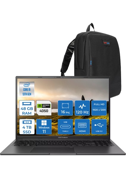 Vivobook 16X Intel I9 13900H 48GB 4tb SSD 6gb RTX4050 16'' IPS Wuxga 120Hz Windows 11 Home Wuxga Dizüstü Bilgisayar K3605VUWH11 + Zetta Çanta