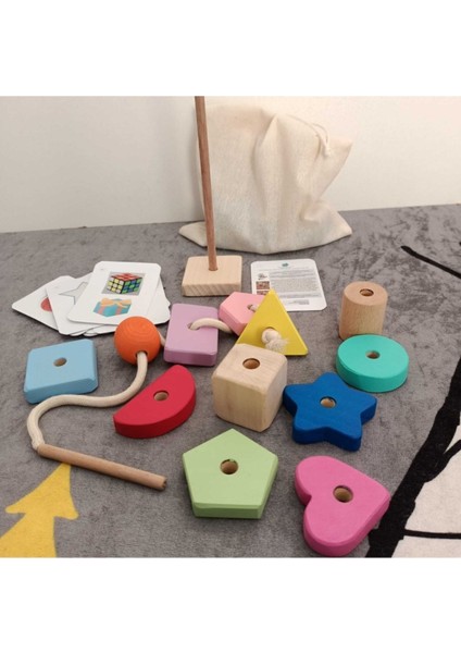 Montessori Ahşap Oyuncak - Giz Torbası ve İp Geçir Geometrik Şekiller Ikili Eğitici Kartlı Oyunu