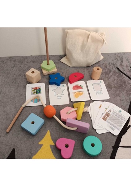 Montessori Ahşap Oyuncak - Giz Torbası ve İp Geçir Geometrik Şekiller Ikili Eğitici Kartlı Oyunu modelleri