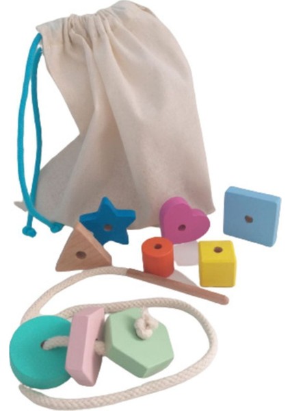 Montessori Ahşap Oyuncak - Giz Torbası ve İp Geçir Geometrik Şekiller Ikili Eğitici Kartlı Oyunu fırsatları