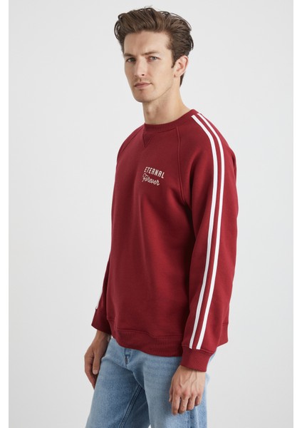 Brıstol Erkek 3 Iplik Içi Şardonlu Regular Sırt Baskı Detaylı Kol Şeritli Bordo Sweatshirt