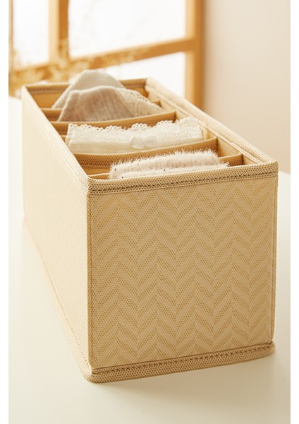 6 Bölmeli Bej Çekmece İçi Dolap Çamaşır Düzenleyici Katlanır Saklama Kutusu Organizer 13x28x13 cm