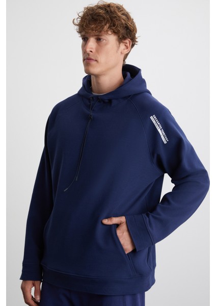 Malagos Erkek Içi Polarlı Yumuşacık 3 Iplik Içi Şardonlu Regular Kapüşonlu Lacivert Sweatshirt