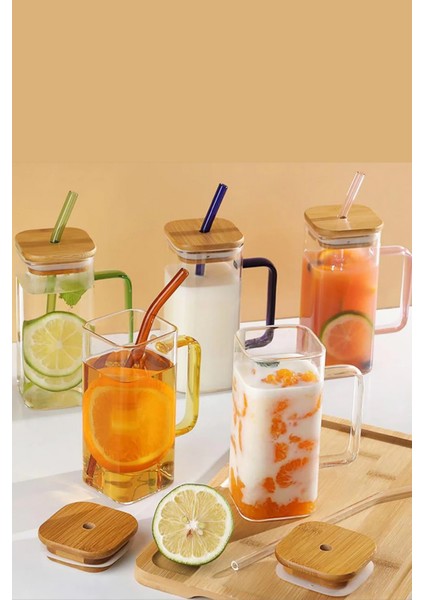Bambu Kapaklı Borosilikat Renkli Pipetli Cam Bardak Kahve Sunum Isıya Dayanıklı 350ML