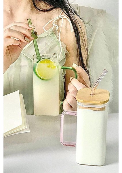Bambu Kapaklı Borosilikat Renkli Pipetli Cam Bardak Kahve Sunum Isıya Dayanıklı 350ML