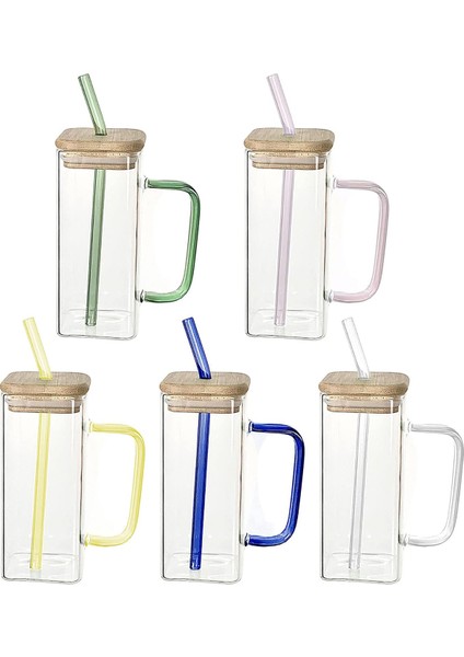 Bambu Kapaklı Borosilikat Renkli Pipetli Cam Bardak Kahve Sunum Isıya Dayanıklı 350ML