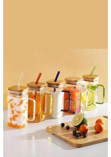 Bambu Kapaklı Borosilikat Renkli Pipetli Cam Bardak Kahve Sunum Isıya Dayanıklı 350ML