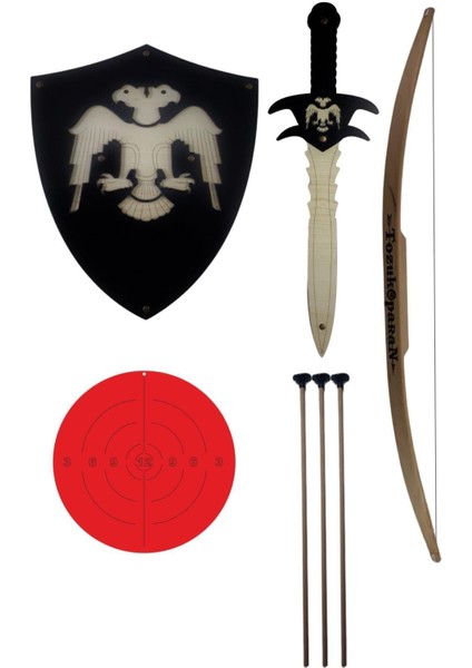 Ahşap Oyuncak Seti 4'lü, Selçuklu Kalkanı, Kılıcı, Tozukoparan Ok Yay, Hedef, Siyah