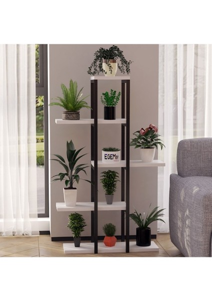 Modern Dekoratif 5 Raflı Metal Çiçeklik Saksı Standı Saksılık Metal Beyaz Modern 110 cm