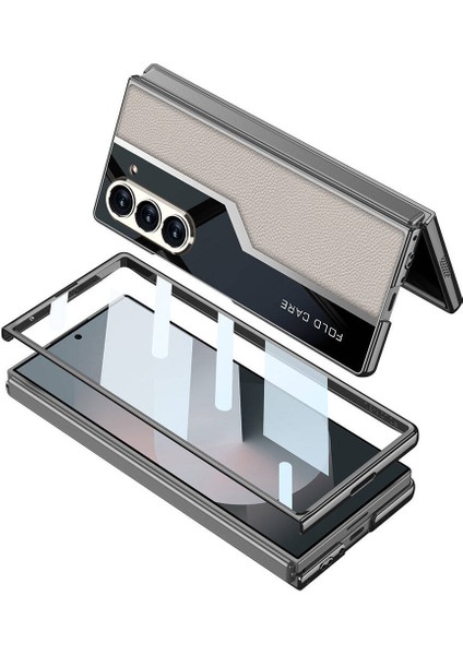 Samsung Galaxy Z Fold 6 Kılıf Ultra Ince Kamera Korumalı Pc + Deri Arka Yüzey Kıpta Poligan Kapak - Siyah