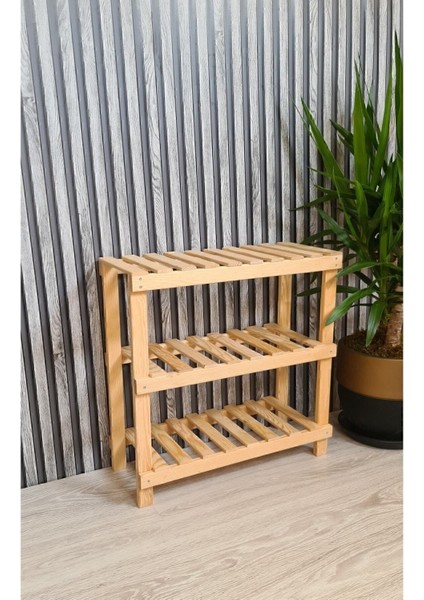 Modern Wood's Ahşap Dekoratif 3'lü Doğal Ahşap Ayakkabılık, Antre, Balkon Düzenleyici Raf 25 cm 60