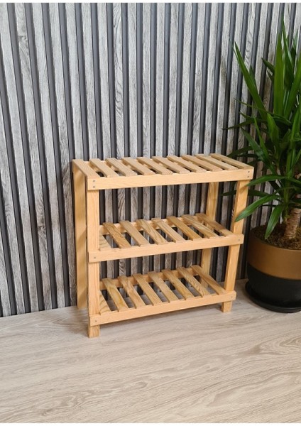 Modern Wood's Ahşap Dekoratif 3'lü Doğal Ahşap Ayakkabılık, Antre, Balkon Düzenleyici Raf 25 cm 60