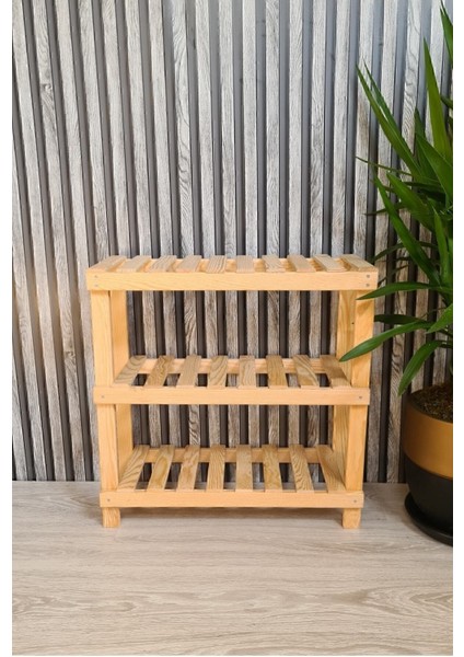 Modern Wood's Ahşap Dekoratif 3'lü Doğal Ahşap Ayakkabılık, Antre, Balkon Düzenleyici Raf 25 cm 60