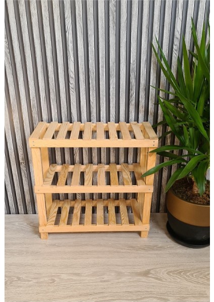 Modern Wood's Ahşap Dekoratif 3'lü Doğal Ahşap Ayakkabılık, Antre, Balkon Düzenleyici Raf 25 cm 60