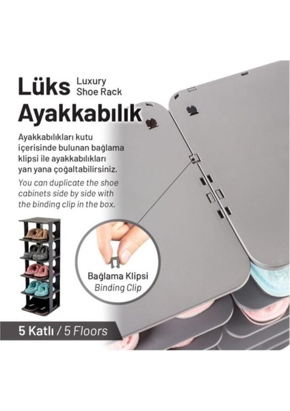 Modern Antrasit Lüks Ayakkabılık 5 Katlı Modern 25 cm 71 - 80 cm Plastik 28 cm Gri