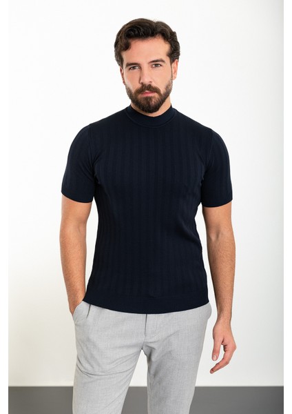 Çizgili Lacivert Slim Fit Yarım Balıkçı Yaka Erkek Triko T-Shirt