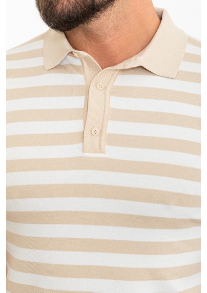 Yatay Çizgili Bej Slim Fit Polo Yaka Erkek Triko T-Shirt fiyatları