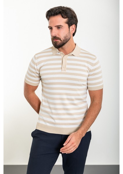 Yatay Çizgili Bej Slim Fit Polo Yaka Erkek Triko T-Shirt modelleri