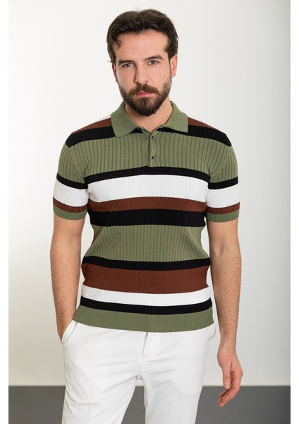 Çizgili Haki Slim Fit Polo Yaka Erkek Triko T-Shirt