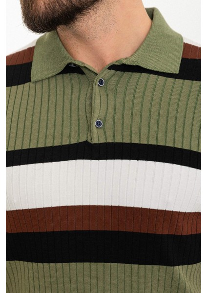 Çizgili Haki Slim Fit Polo Yaka Erkek Triko T-Shirt fiyatları