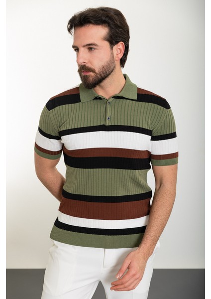 Çizgili Haki Slim Fit Polo Yaka Erkek Triko T-Shirt modelleri