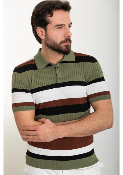 Çizgili Haki Slim Fit Polo Yaka Erkek Triko T-Shirt fırsatları
