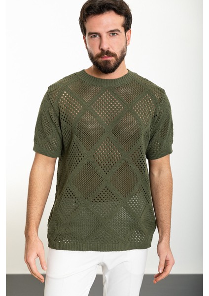 Desenli Haki Oversize Bisiklet Yaka Erkek Triko T-Shirt