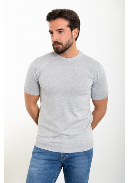 Düz Gri Slim Fit Bisiklet Yaka Erkek Triko T-Shirt modelleri