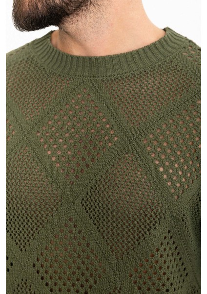 Desenli Haki Oversize Bisiklet Yaka Erkek Triko T-Shirt fiyatları