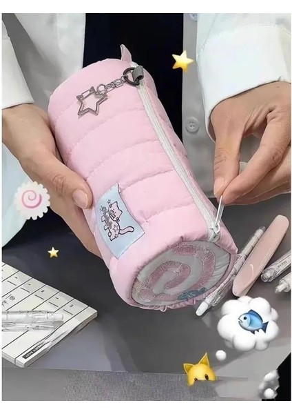 Yavru Pembe Kalem Çantası Büyük Kapasiteli Silindir Sevimli Öğrenci Kız Kalp Depolama Basit Kırtasiye Çantası (Yurt Dışından)